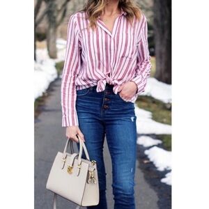 BP Pink and White Tie Front 3/4 Sleeve Button Down Blouse Size M